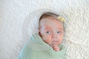 Alert Baby Girl Swaddled in a Light Green Wrap