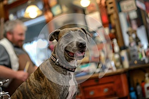 Alert Dog in barbershop work. Generate Ai