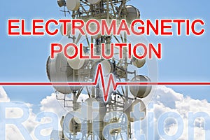 Alert about electromagnetic radiations emissions and health - concept with base radio station for global communications services