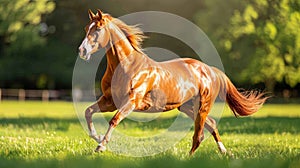 Alert horse running freely in a vast open field under a clear blue sky on a beautiful day
