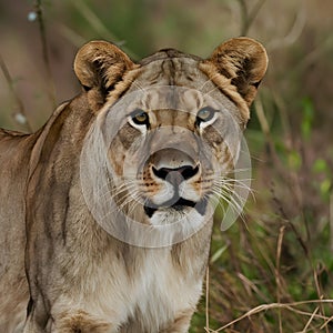 Alert lioness surveys wilderness surroundings with intense focus photo