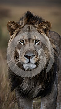 Alert majestic male lion gazes intently in the wilderness photo