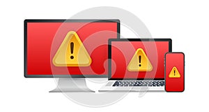 Alert message laptop notification. Danger error alerts, laptop virus problem or insecure messaging spam problems