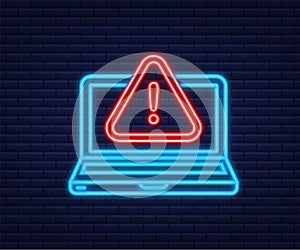 Alert message laptop notification. Neon icon. Danger error alerts, laptop virus problem or insecure messaging spam