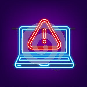 Alert message laptop notification. Neon icon. Danger error alerts, laptop virus problem or insecure messaging spam