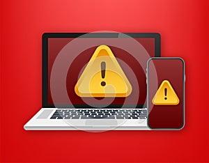 Alert message mobile and laptop notification. Danger error alerts, smartphone virus problem or insecure messaging spam