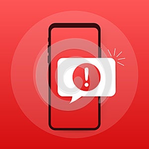 Alert message mobile notification. Danger error alerts, smartphone virus problem or insecure messaging spam problems notifications