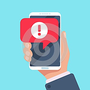 Alert message mobile notification. Danger error alerts, virus problem or spam notifications on phone screen vector illustration