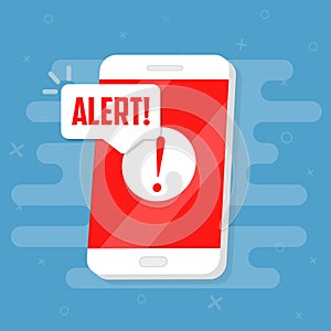 Alert notification on the smartphone screen. Flat vector