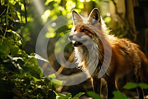 Alert Red Fox in Forest with Sunlight Filtering.