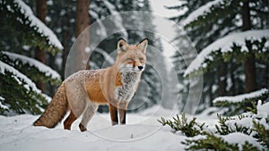 Alert red fox in winter landscape