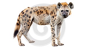 Alert spotted hyena standing isolated on white photo
