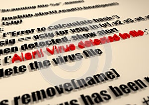 Alert. Virus detection text in computer abstract script code