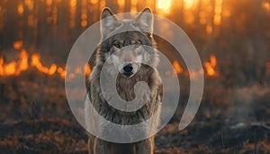 Alert wolf in a fiery forest setting