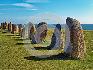 Ales stenar stones Ale `s Stones Scania Sweden or Ales stenar in Swedish is a megalithic monument in Scania in southern Sweden photo