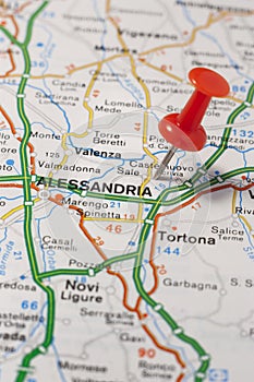 Alessandria pinned on a map of Italy