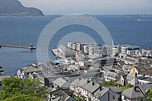 The bird`s eye view of Alesund port town on the west coast of Norway, at the entrance to the Geirangerfjord