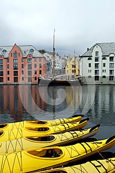 Alesund, Norway, spring city view on a canal