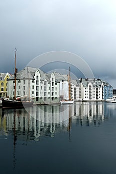Alesund, Norway, spring city view on a canal