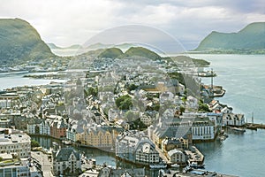 Alesund town panoramic sea landscape view, Norway