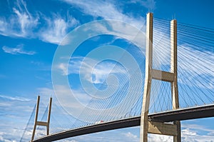 Alex Fraser Bridge on a sunny day. Taken in North Delta, Greater Vancouver Canada. Modern bridge pylon against blue sky