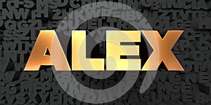 Alex - Gold text on black background - 3D rendered royalty free stock picture