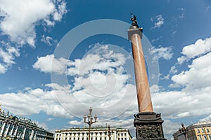 Alexander Column on Palace Square against blue sky, Saint Petersburg