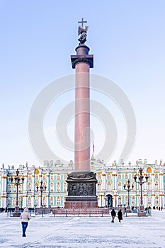 Alexander Column on Palace Square in St. Petersburg. winter view
