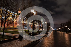 Alexander Garden. Festive winter lighting of the historical center of the Russian capital near Kremlin and Red sqare.