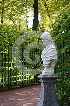 Alexander the Great. Marble bust of the 18th century on a granite pedestal in the Summer Garden, St. Petersburg