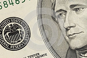 Alexander Hamilton face on US ten or 10 dollars bill macro