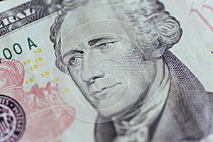 Alexander Hamilton face on US ten or 10 dollars bill macro, unit