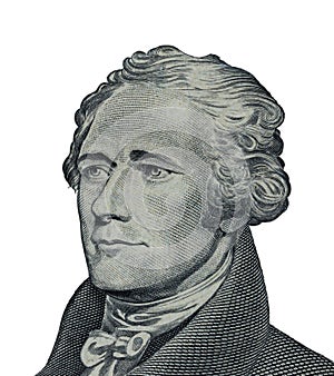 Alexander Hamilton face on US ten or 10 dollars bill macro unite