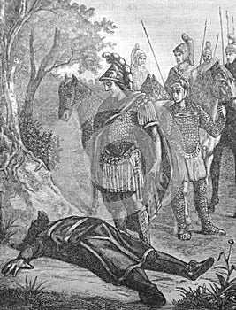 Alexander III of Macedon, a king basileus of the ancient Greek kingdom of Macedon, in front of the corpse of Darius in the old