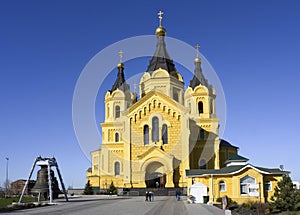 Alexander Nevsky Cathedral in Nizhny Novgorod, Russia. Inscriptions on the signs: \'Catechism, Baptism, Wedding, Sunda