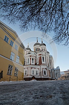 Alexander Nevsky Cathedral. Winter view from Pikk Jalg street. Toompea. Tallinn. Estonia