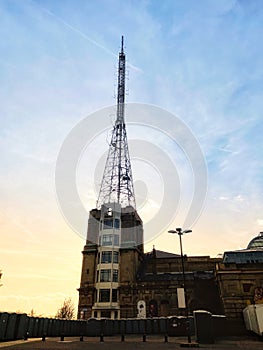 The Alexander Palace radio tower bathed in afternoon sunlight