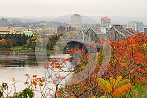 Alexandra Bridge. Autumn red leaves scenery in Ottawa, Ontario, Canada