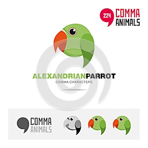 Alexandrian parrot bird concept icon set and modern brand identity logo template and app symbol based on comma sign
