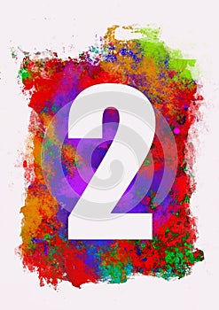set of white numbers on multicolored acrylic painting background, digital illustration, two photo