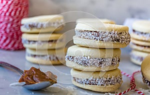 `Alfajores` delicious traditional Argentine sandwich cookies filled with caramelized milk - `dolce de leche`, and shredded coconut