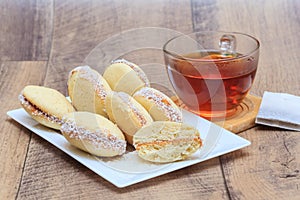 Alfajores cookies with dulce de leche and coconut