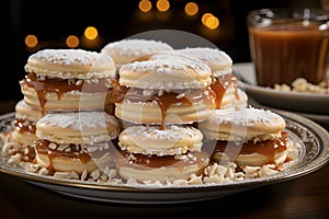 Alfajores - delicate sandwich cookies with a dulce de leche filling, elegantly presented with powdered sugar and rich chocolate,