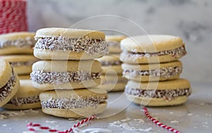 `Alfajores` delicious traditional Argentine sandwich cookies filled with caramelized milk - `dolce de leche`, and shredded coconut