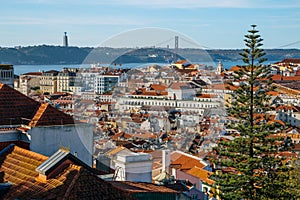 Alfama cityscape aerial panorama on 25th april bridge, Lisbon Portugal
