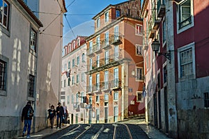 Alfama Lisboa colored portuguese narrow street. Lisbon, Portugal