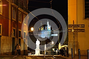 Alfama lookout in Lisbon, Saint Vincent Statue at night