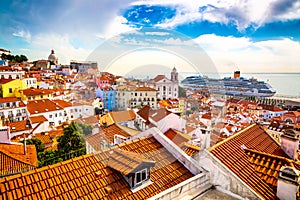 Alfama old town district viewed from Miradouro das Portas do Sol observation point in Lisbon, Portugal