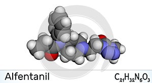 Alfentanil molecule. It is a potent short-acting synthetic opioid analgesic drug for anaesthesia in surgery. Molecule model