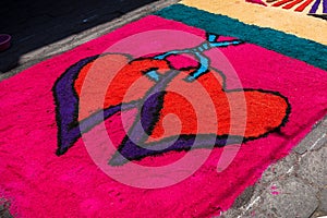 Alfombra, sawdust carpet with hearts on street made for Semana Santa, Easter, Santiago Atitlan, Guatemala photo